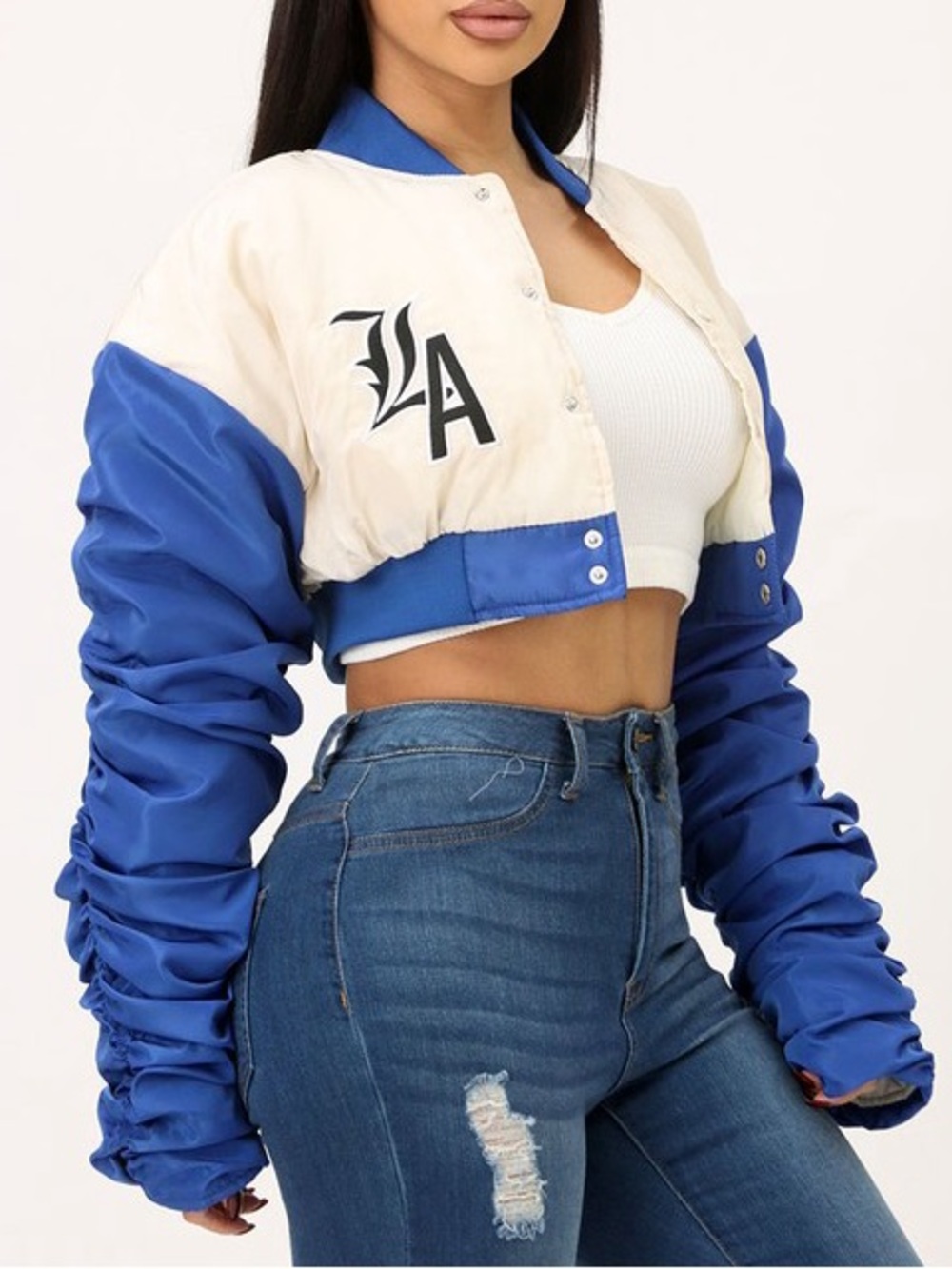 LA Cropped Two-Tone Blue and Cream Bomber Jacket